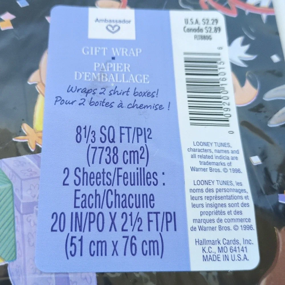 VTG 1996 Looney Tunes Birthday Gift Wrap Paper 2 pc Bugs Bunny Taz 90s Deadstock
